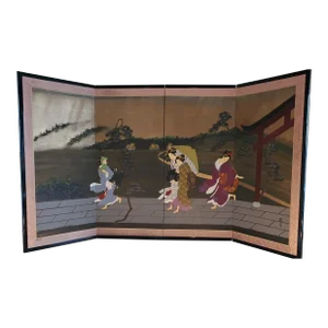 1920s Antique Geishas Dancing in the Rain, Taishō Era Japanese Ukiyo-E Byobu Screen After Utamaro Kitagawa