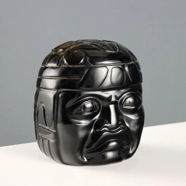 Black Olmec Head in Black Obsidian Stone For Sale - Image 8 of 8