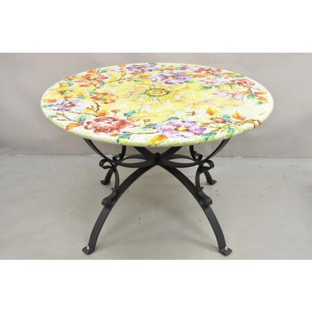 Italian Volcanic Fire Glazed Stone Floral Hand Painted Outdoor Dining Table Set - 7 Pcs. Item features Artist signed hand...