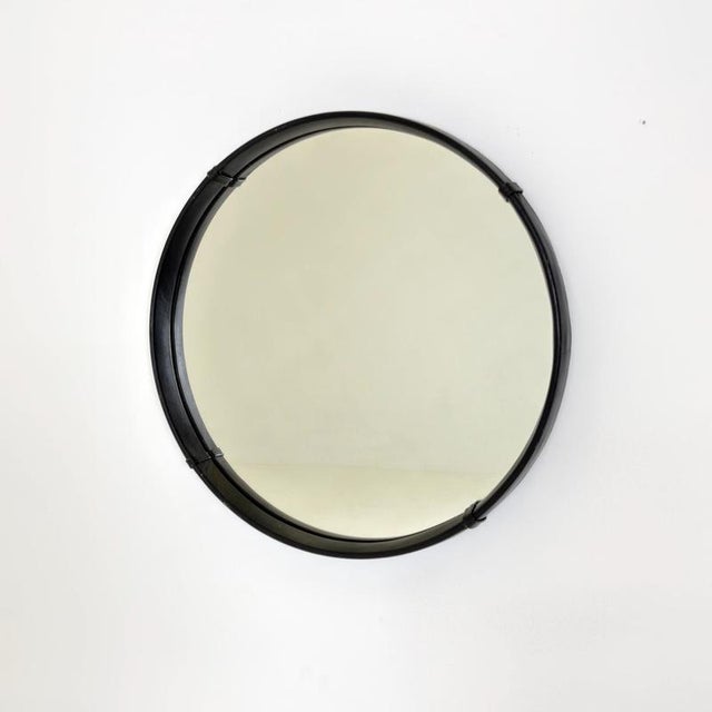 Glass Mid-Century Modern Round Wall Mirror with Black Leather Frame, 1970s For Sale - Image 7 of 11