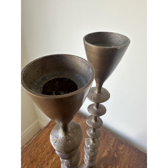 Large Vintage Brutalist Hand Forged Brass Candlesticks, 1960s, Set of 2 For Sale - Image 15 of 17