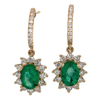 Sunburst Zambian Emerald Earrings W Natural Diamonds in 14k Solid Gold Ov 7x5mm- Set of 2 For Sale