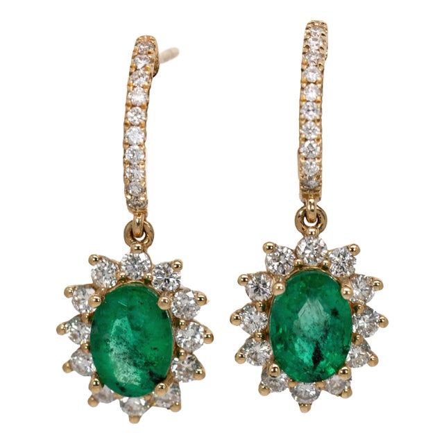Sunburst Zambian Emerald Earrings W Natural Diamonds in 14k Solid Gold Ov 7x5mm- Set of 2 For Sale