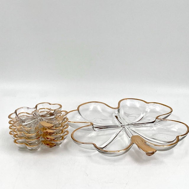 Mid 20th Century Mid-Century Modern Jeannette Glass Four-Leaf Clover Shamrock Gold Trim Serving Set - 5 Pieces For Sale - Image 11 of 11