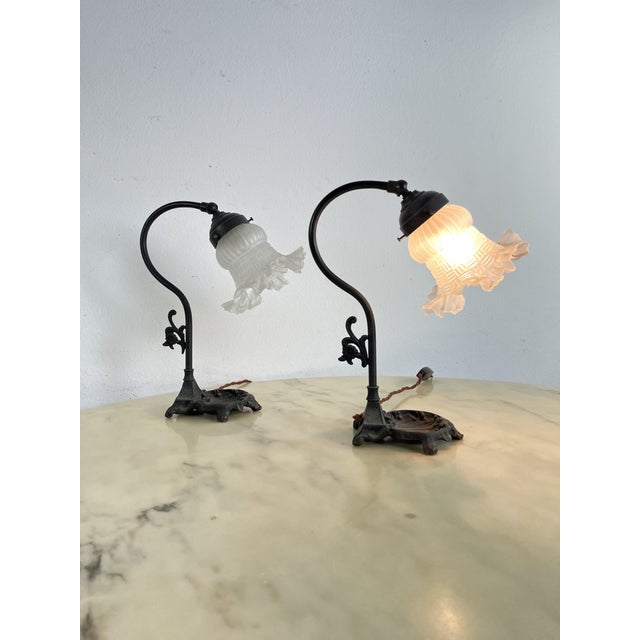 Set of 2 Midcentury Art Deco Bronze Bedside Lamps, France, 1940s Intact and working, glass intact and in good condition....