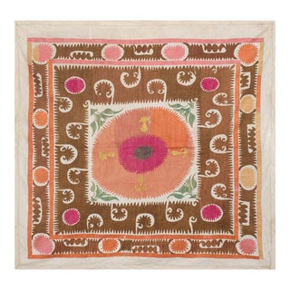Vintage Brown Suzani Embroidered Wall Hanging For Sale