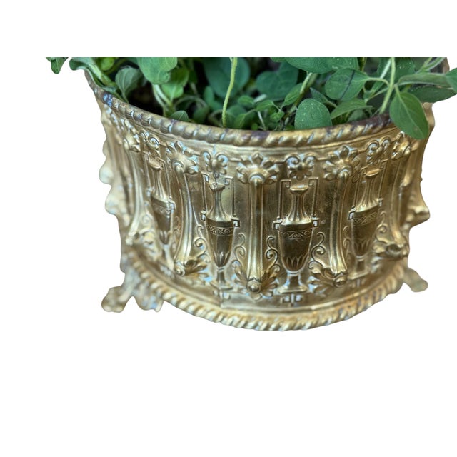 French Antique French Repousse' Brass Jardiniere Planter 19th Century With Liner For Sale - Image 3 of 11