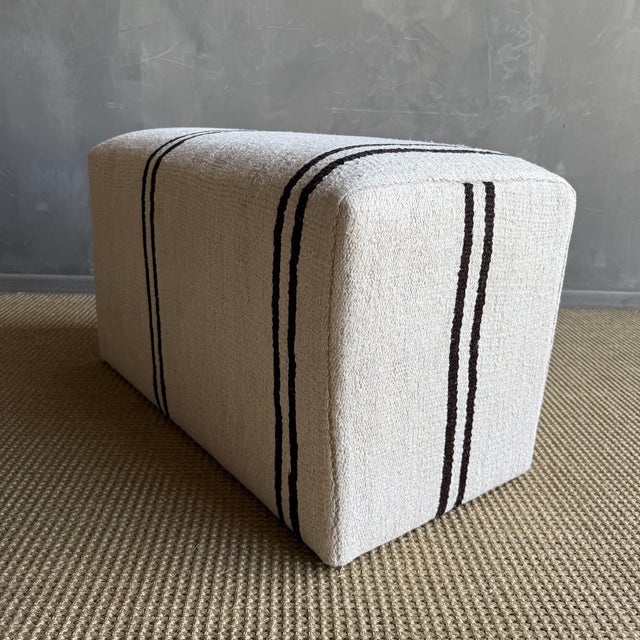 Rectangular Striped Off-white & Dark BrownOttoman Made From a Vintage Turkish Rug For Sale In Los Angeles - Image 6 of 8