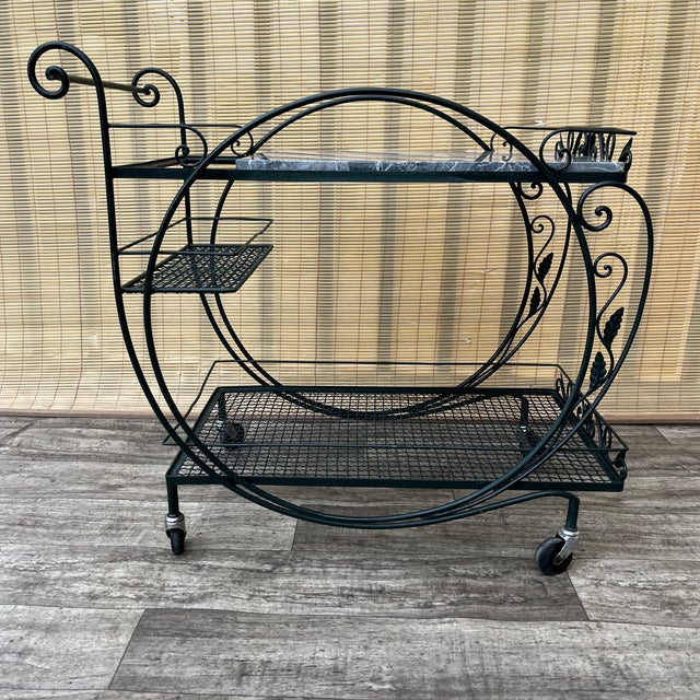 Green Mid Century Wrought Iron Marble Top Patio Serving Cart in the Salterini Style. Circa 1960s For Sale - Image 8 of 17