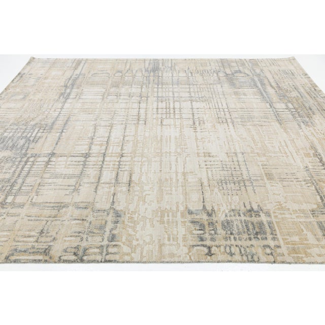 Modern Abstract Gridded Hand-Loomed Rug – Sand & Slate Gray Wool/Nylon Blend For Sale - Image 9 of 10