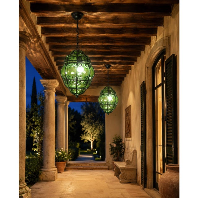 Set of 2 beautiful light for hallways, entryways and living rooms, this hand-blown glass lantern is attributed to Seguso....