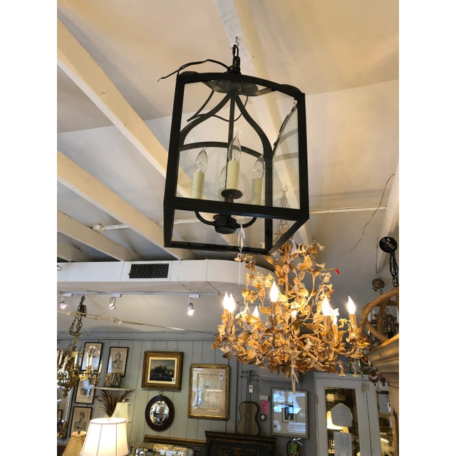 Large Square Bronze & Glass Lantern Pendant Chandelier For Sale - Image 13 of 13
