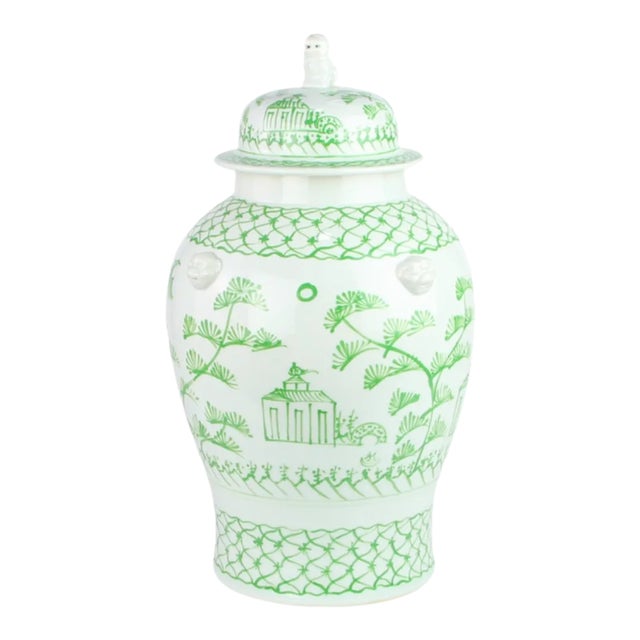 Village Scene Ginger Jar in Pale Green and White For Sale
