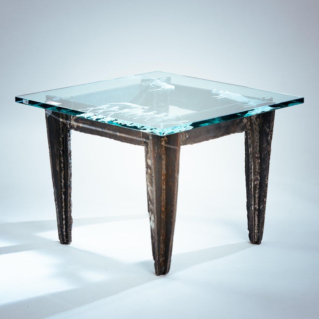 Brutalist Steel Side Tables with Etched Safari Motifs in Glass, 1970s, Set of 2 For Sale - Image 6 of 18