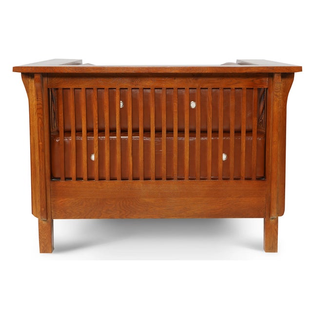 Crafters and Weavers Arts and Crafts Craftsman Cubic Slat Side Arm Chair in Russet Brown Leather For Sale - Image 4 of 4