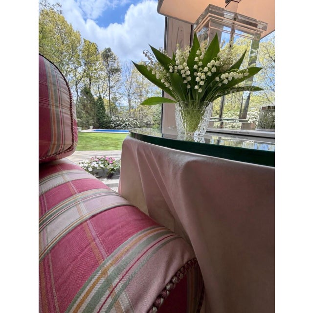 English A Pair of Custom Pink Plaid Pleated Skirt Lounge Chairs With Rolled Arms For Sale - Image 3 of 18