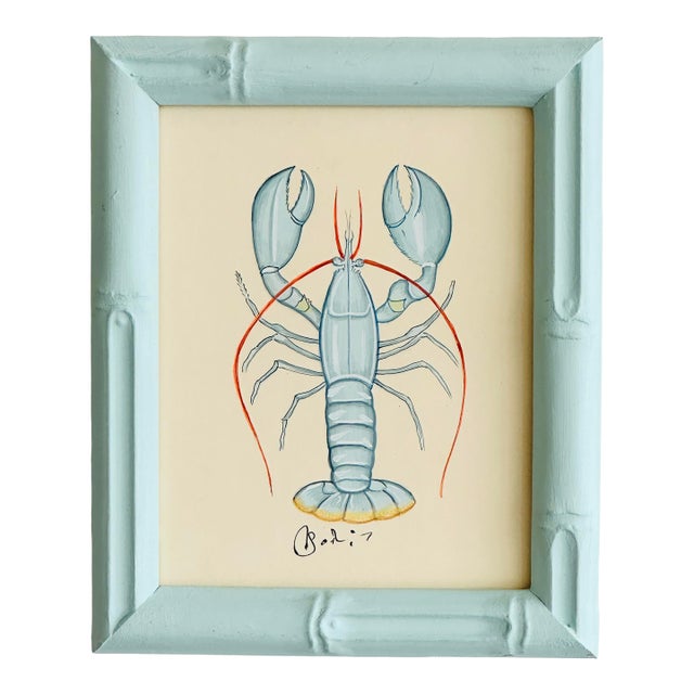 Original Hand-Painted Blue Lobster Painting in a HanD-Painted Frame For Sale