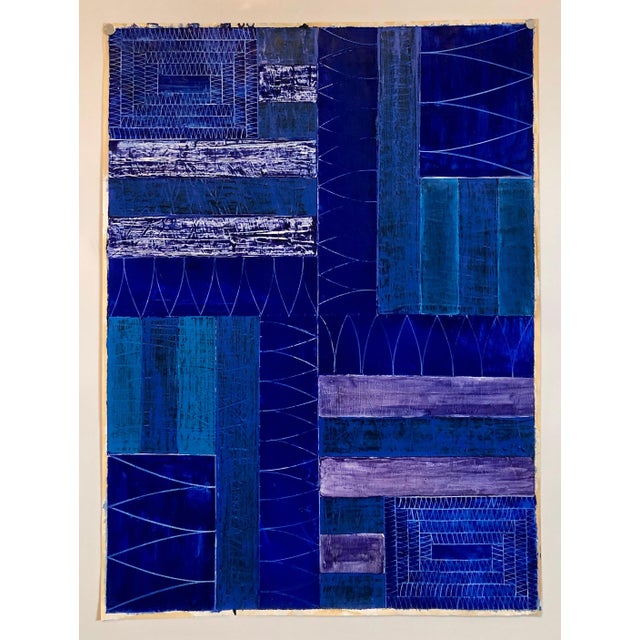 Joan Kahn, Joan Kahn Indigo Denim Blue Color Abstract Expressionist Modernist Oil Painting, c.1980's For Sale In Miami - Image 6 of 14