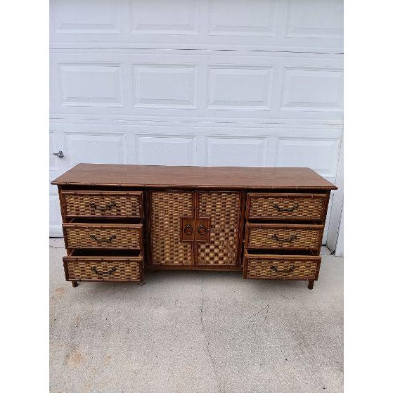 Coastal 1980s Genuine Dixie 7 Drawer Dresser Faux Bamboo Rattan Wicker For Sale - Image 3 of 10