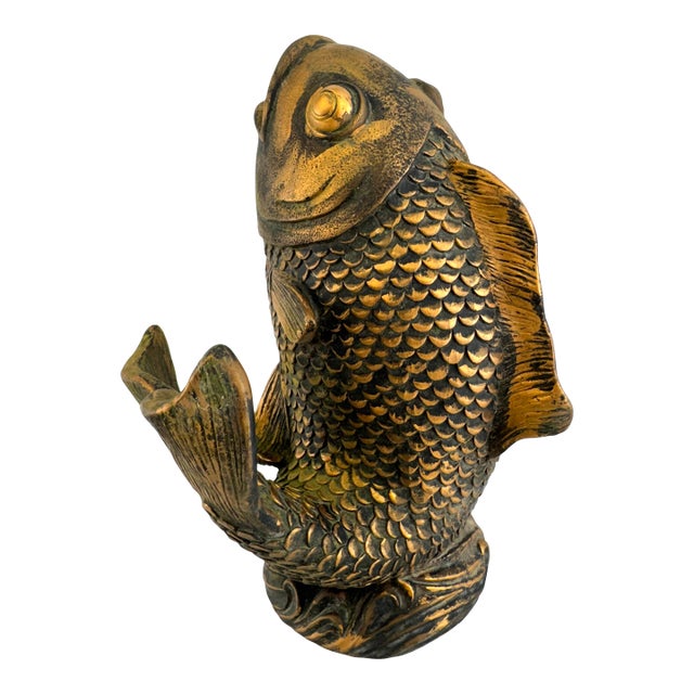 Vintage Mid Century Cast Resin Koi Fish Sculpture With Aged Bronze Finish For Sale