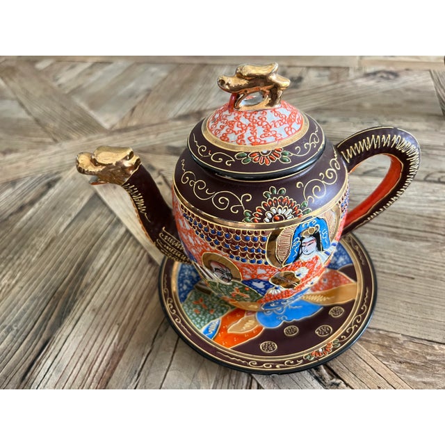 1970s Japanese Hand-Painted Porcelain Tea Set With Plates- 6 Pieces For Sale - Image 4 of 8