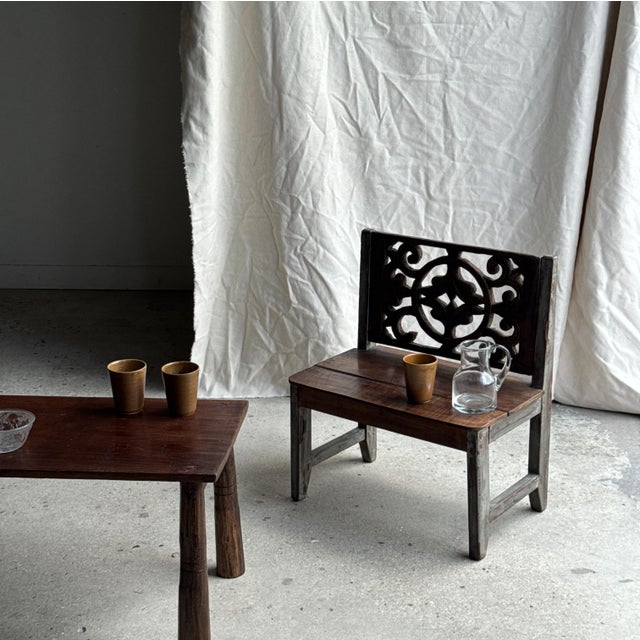 Mini Bench with Carved Backrest, 1980s For Sale - Image 4 of 18