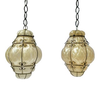 1970s Pair of Seguso Murano Bronze-Gold Glass Caged Swag Lanterns, Rewired For Sale