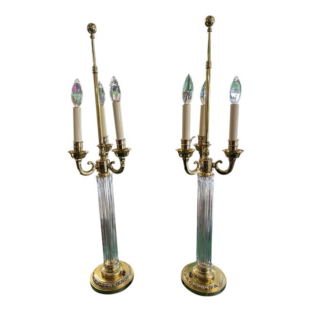 Candlestick Form Brass and Crystal Table Lamps Regency Style For Sale