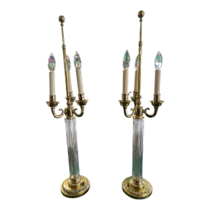 Candlestick Form Brass and Crystal Table Lamps Regency Style