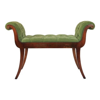 English Regency Klismos Style Scrolled Arm Tufted Velvet Bench, 1960s For Sale