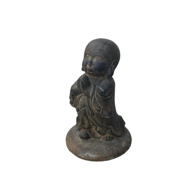Slate Gray Chinese Dark Gray Stone Anjali Mudra Standing Cute Lohon Monk Statue For Sale - Image 8 of 8
