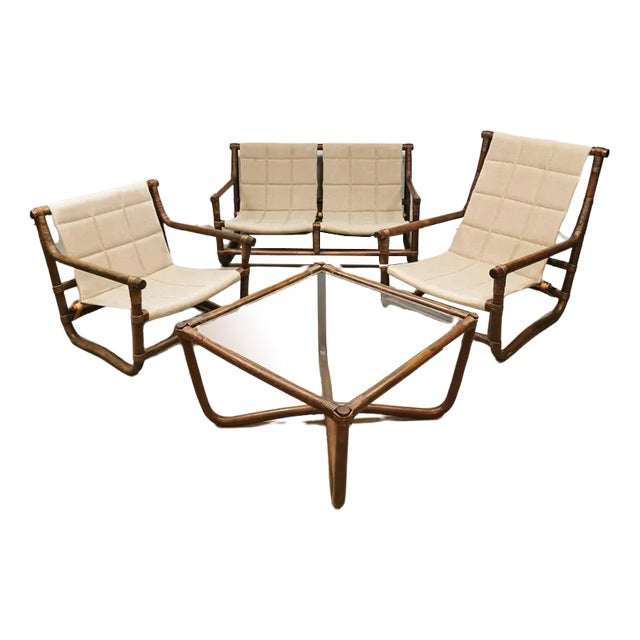 Bamboo & Rattan Safari Sofa, Chairs & Table, Set of 4 For Sale