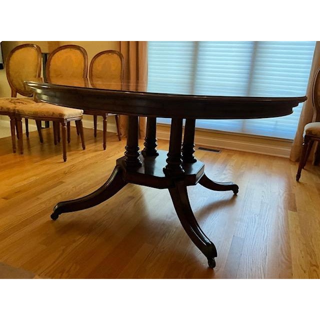 1990s Attributed to Theodore Alexander Large Round Mahogany Dining Extension Table For Sale - Image 12 of 12