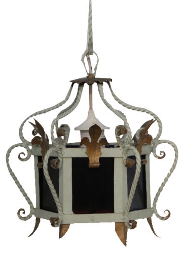 Stained Glass and Wrought Iron Lantern Lamp, France, 1950s