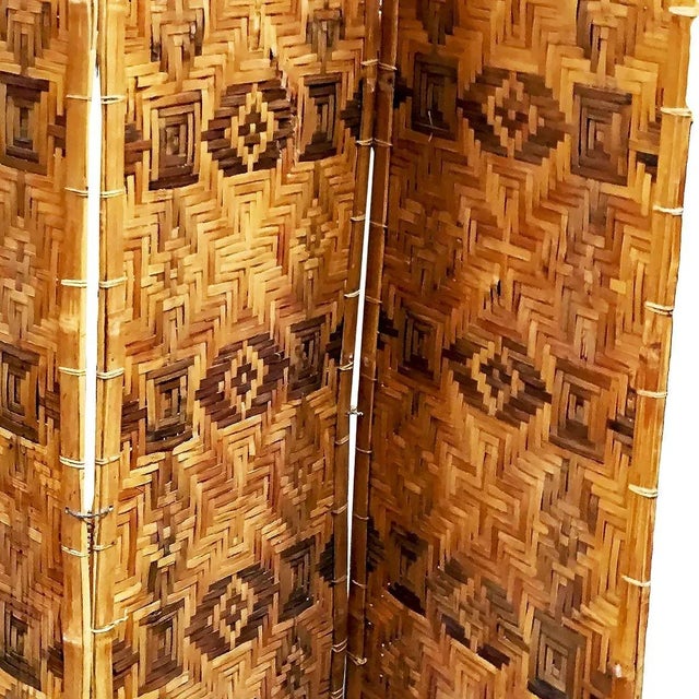 Restored Bamboo & Woven Wicker 4 Panel Folding Screen , 1920 For Sale - Image 4 of 5