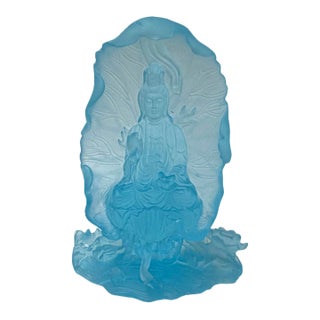 6.5" Light Blue Frosted Crystal Glass Bodhisattva Guanyin Figure For Sale