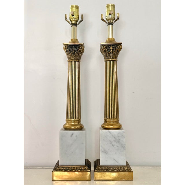 Mid 20th Century Italian White Marble and Carved Brass Neoclassical Column Lamps, a Pair For Sale - Image 11 of 11