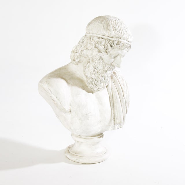 Plaster bust of an ancient bearded philosopher on round base. France 20th century.