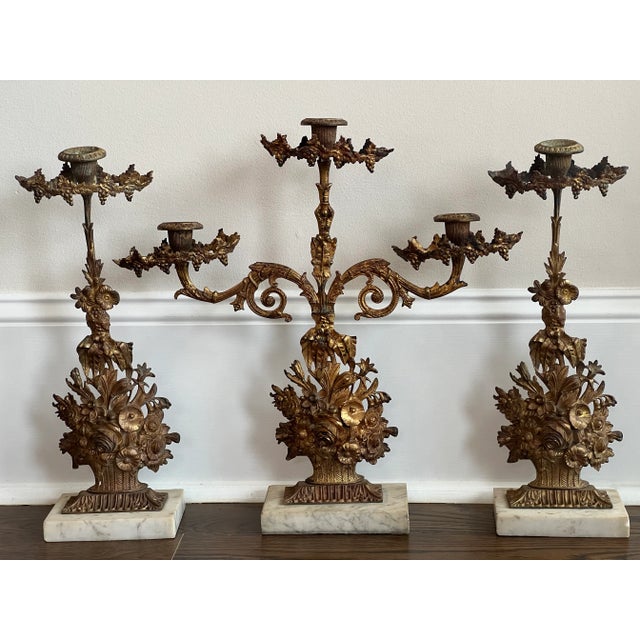 Art Nouveau Antique 3 Piece Set Girandole Candelabra Gold Gilt With Marble Bases For Sale - Image 3 of 11