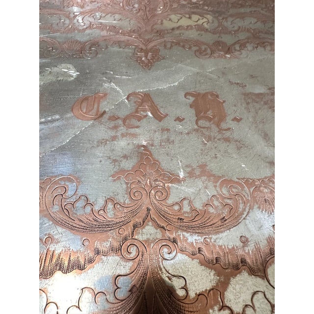 1990s 1990s English Victorian Silver Plate Over Copper Ornate Serving Tray Monogrammed For Sale - Image 5 of 12