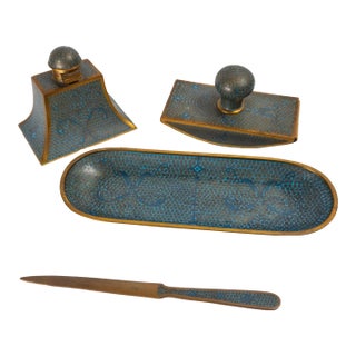 20th Century Chinese Turquoise Teal Cloisonne Enamel Desk Set For Sale