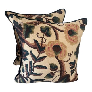 Custom Designed 22” Claremont Tree of Life Linen Pillows With Mohair Velvet Welt Down Inserts - A Pair For Sale