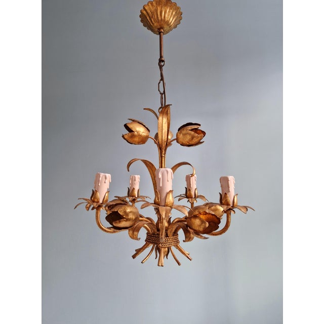 Hollywood Regency Italian Hollywood Regency Style Floral Chandelier in Gold Metal, 1970s For Sale - Image 3 of 12