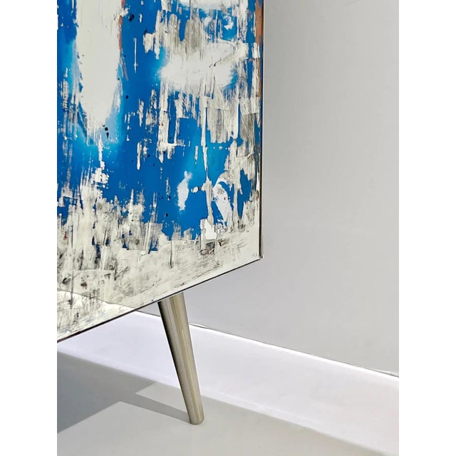 Early 21st Century Italian Post Modern Abstract Art Blue Brown Satin Nickel Finish Mirror Cabinet For Sale - Image 5 of 11
