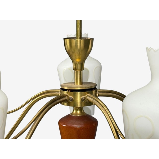 1940s Swedish Modern, Chandelier, Brass, Mahogany, Glass For Sale - Image 10 of 11