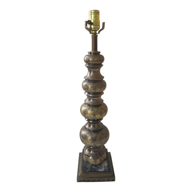 Vintage Indian Ornate Brass Lamp, Marble Base For Sale