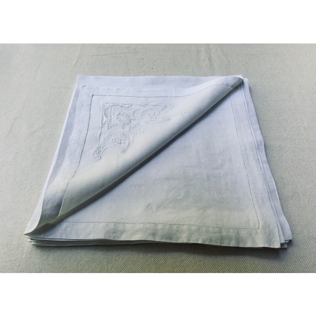 White Antique French Linen Napkins, Set of 5, Hemstitched Ladderwork Embroidery, Circa 1900 For Sale - Image 8 of 15