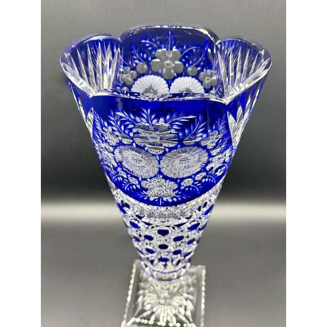 1960s Vintage Crystal Cobalt Blue Overlay Cut Crystal Vase from Meissen, 1960s For Sale - Image 5 of 18