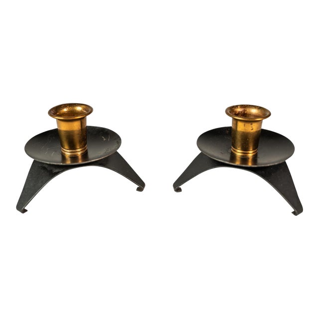 Set of Two (2) Mid-Century Modern Space Age Atomic Era Low Profile Metal Candlestick Holders, Usa, C. 1960s For Sale