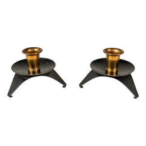 Set of Two (2) Mid-Century Modern Space Age Atomic Era Low Profile Metal Candlestick Holders, Usa, C. 1960s